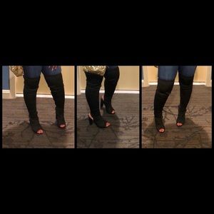 Black Thigh High Boots with peep toe and heel
